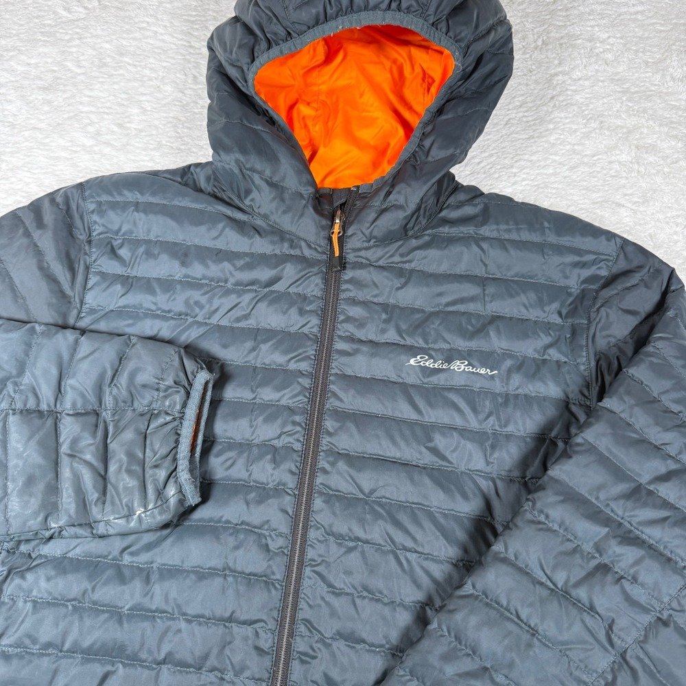Eddie Bauer EB700 Down Hooded Puffer Jacket Mens L Grey L/S Zip L18FN488